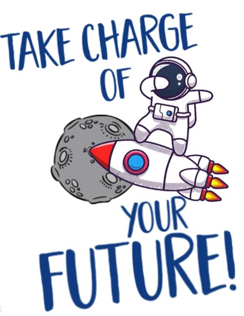Image of JumpStart 2023 logo with words "Take Charge of Your Future" and astronaut riding a rocket ship pass a moon-shaped me